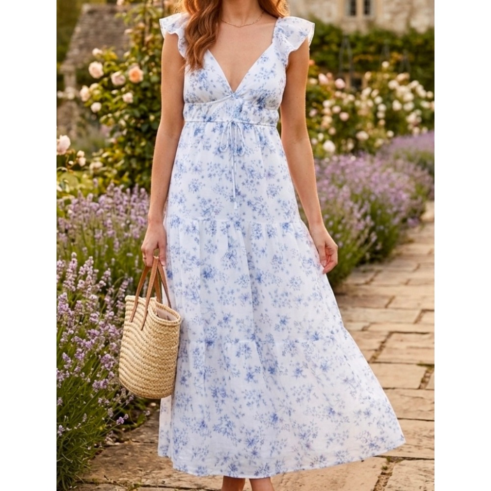 Floral Maxi Dress Blue White Flutter Sleeve Tiered Cottagecore Fairy Garden XS